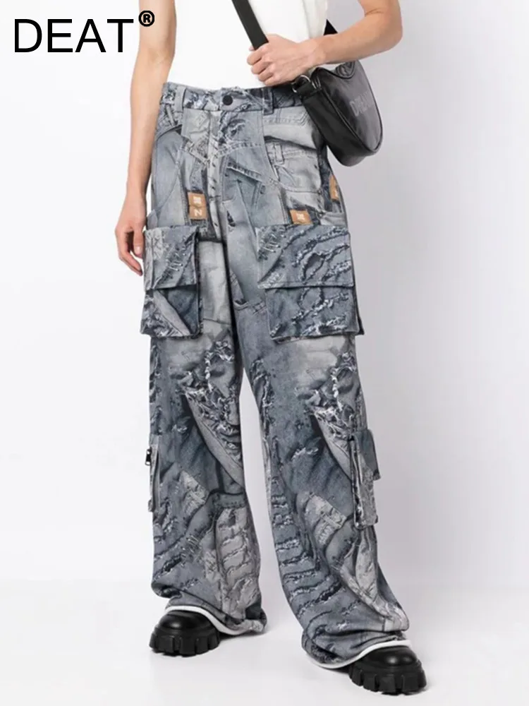 

DEAT Fashion Women's Pants High Waist 3D Printing Zip Fly Pockets Wide-leg Floor-length Trouser Vintage Autumn 2023 New 17A9119