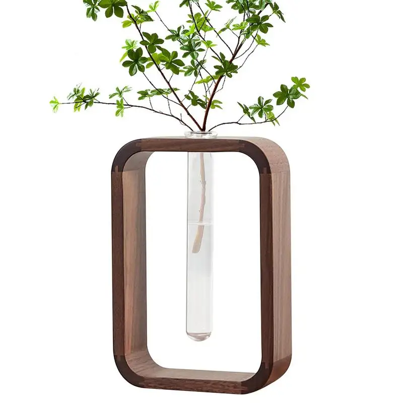 

Glass Test Tube Vase Wooden Frame Plant Terrarium Test Tube Glass Vase Hydroponic Vase Desktop Plant Terrarium For Home Garden