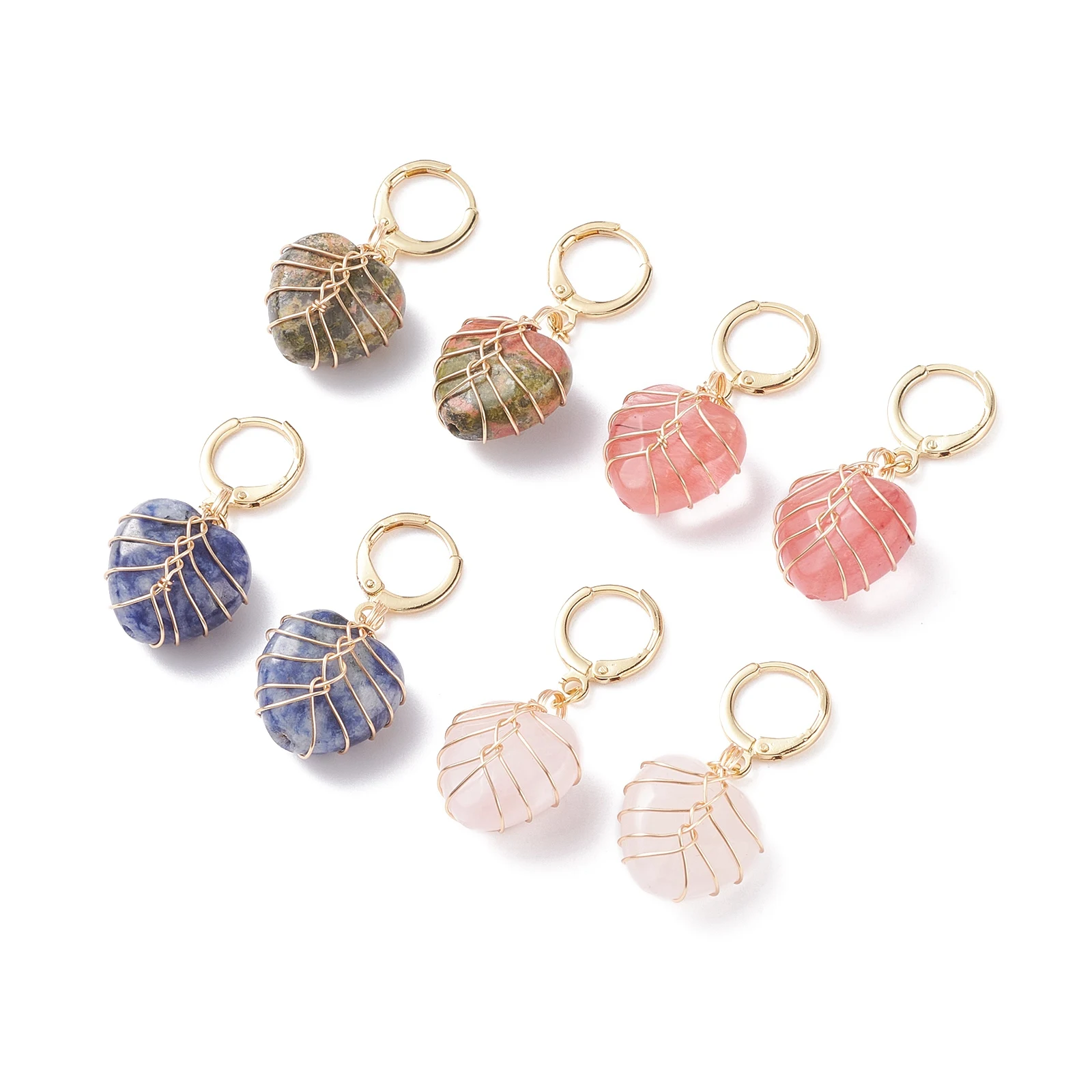 

Kissitty 10 Pairs Gold Plated Heart Gemstone Dangle Earrings For Women Wire Wrapped Hoop Earrings Jewelry Findings Gift