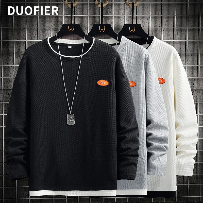 

New Men's Casual Sweatshirts Simple Solid Casual Tops New Fashion Male O-Neck Pullover Hoodies Fake Two Pieces Hoodie Streetwear
