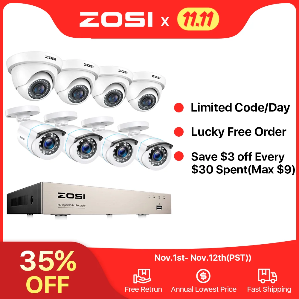 Скидка Система охранных камер ZOSI H.265 + 5MP Lite 8-канальный HD-TVI видеорегистратор 8 шт. 1080P HD комплект наружных камер видеонаблюдения Pаспродажа Система охранных камер ZOSI H.265 + 5MP Lite 8-канальный HD-TVI видеорегистратор 8 шт. 1080P HD комплект наружных камер видеонаблюдения