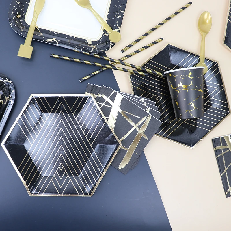 

Black Gold Bronzing Paper Disposable Tableware Set Happy Birthday Party Decorations Kids Adult Wedding Stripe Party Supplies