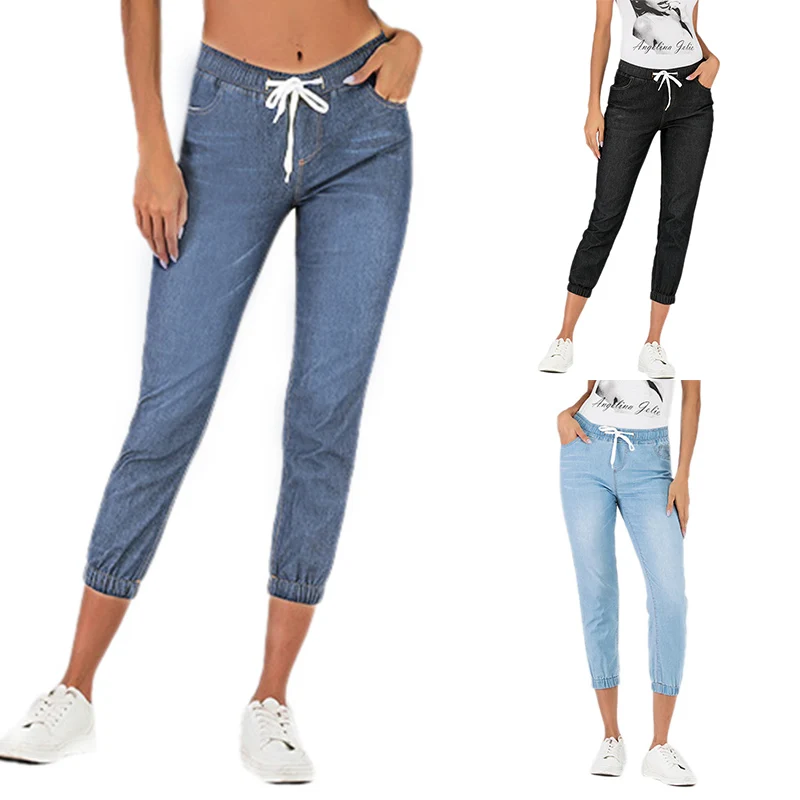 Hot Kf-Women's Fashion Jeans Lace-Up Washed Foot Lantern Denim Cropped Pants
