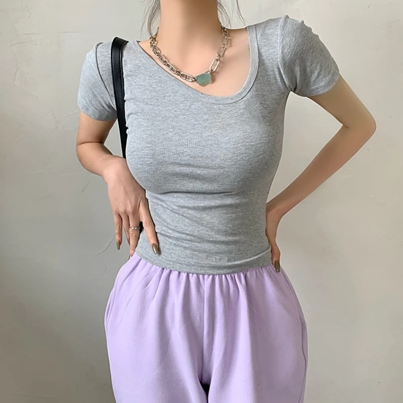 

Chic Skew Collar Short Sleeve T Shirt Women High Street Fashion Sheath Short Tops Solid Color Casual Female Summer Tees
