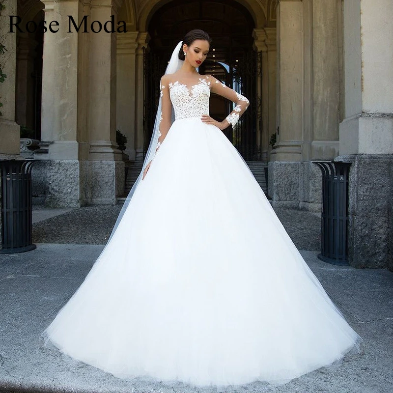 

Rose Moda Long Sleeves Princess Wedding Dress Illusion Back Custom Make