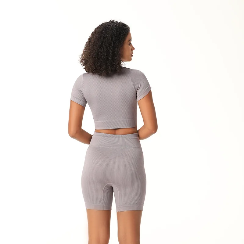 2PCS Yoga Set Women Workout Sportswear Zipper Short Sleeves Drawstring Shorts Running Clothing Gym Wear Athletic Sport Suits