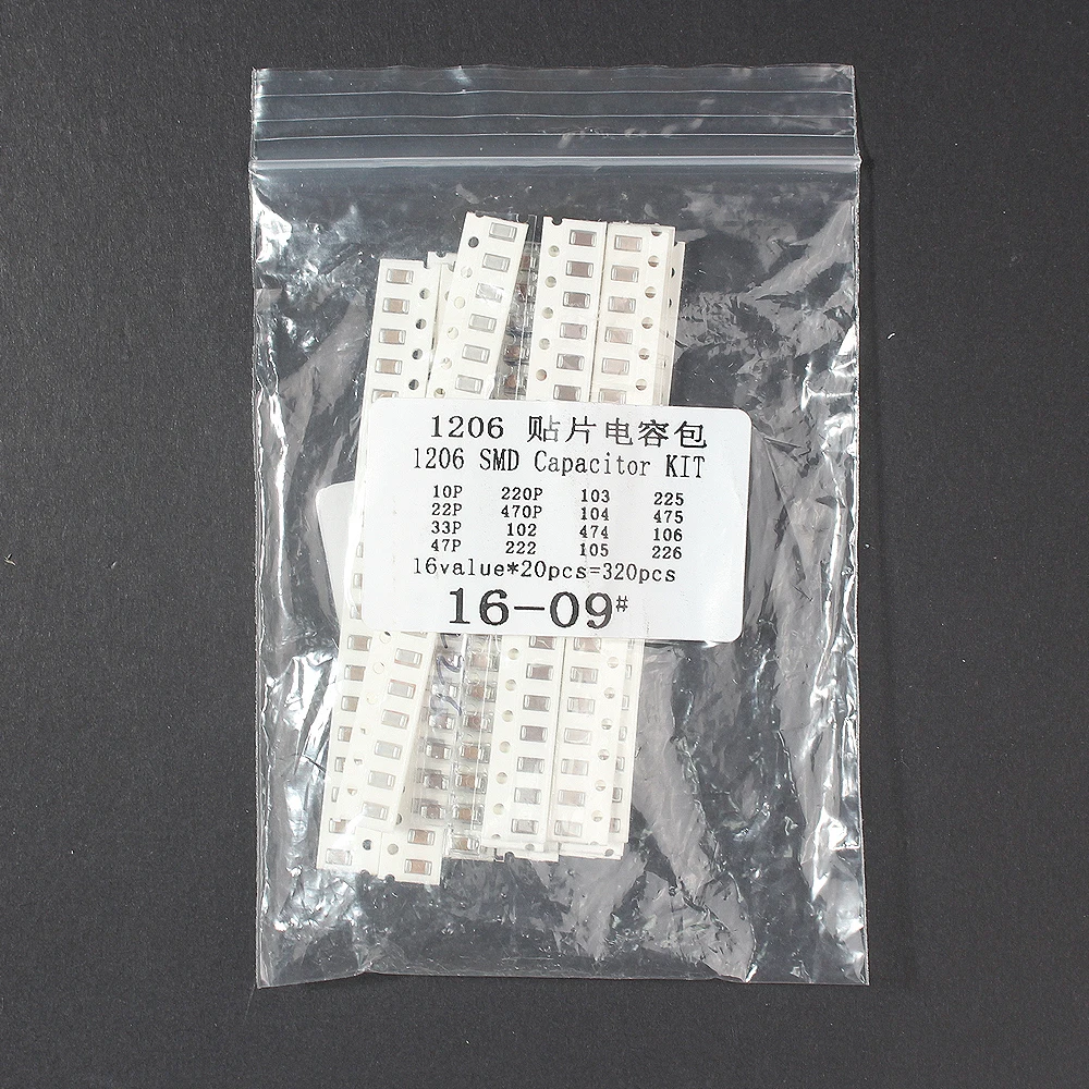 

SMD Capacitor Kit 0805 1206 Assorted Kit 16 Values 10P~226M, SMD Capacitors Pack 10P 22P 33P 220P 470P 0.01UF 0.1UF 0.47UF 1UF