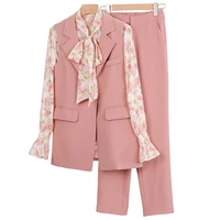 2022 spring and autumn fashion printed shirt womens pink suit vest suit pants three piece womens clothing