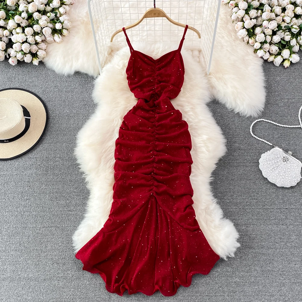 

Fashion Holiday Sequins Spaghetti Strap Dress Sexy Women Backless Sleeveless Slim Hip Package Dresses Summer Mermaid Frock
