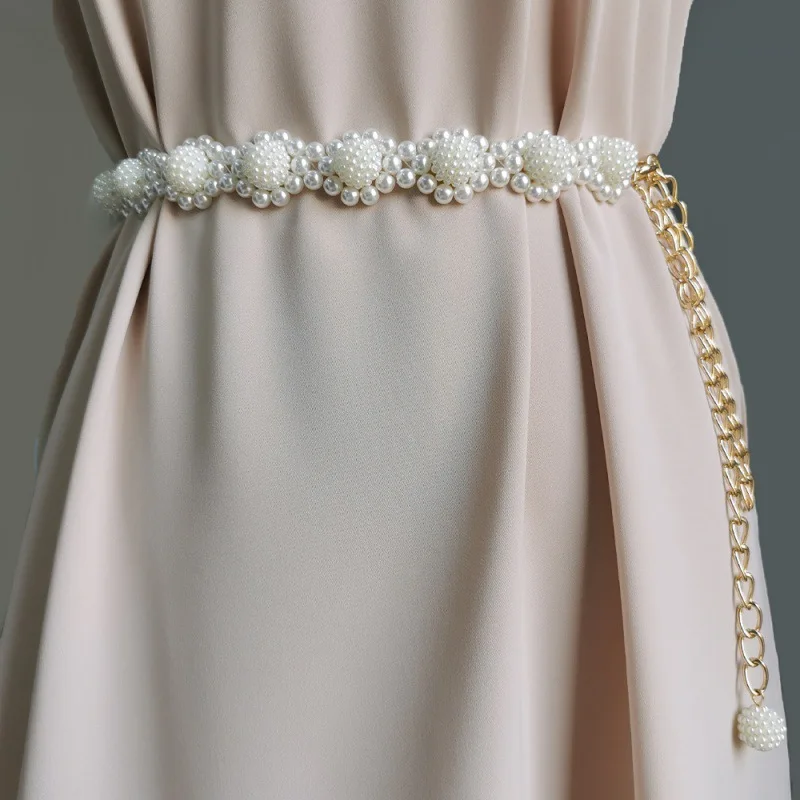 White Pearl Braided Belt Female Flower Beaded Alloy Chain Accessories with Dress Chic Luxury High Leather Waist Chain Summer