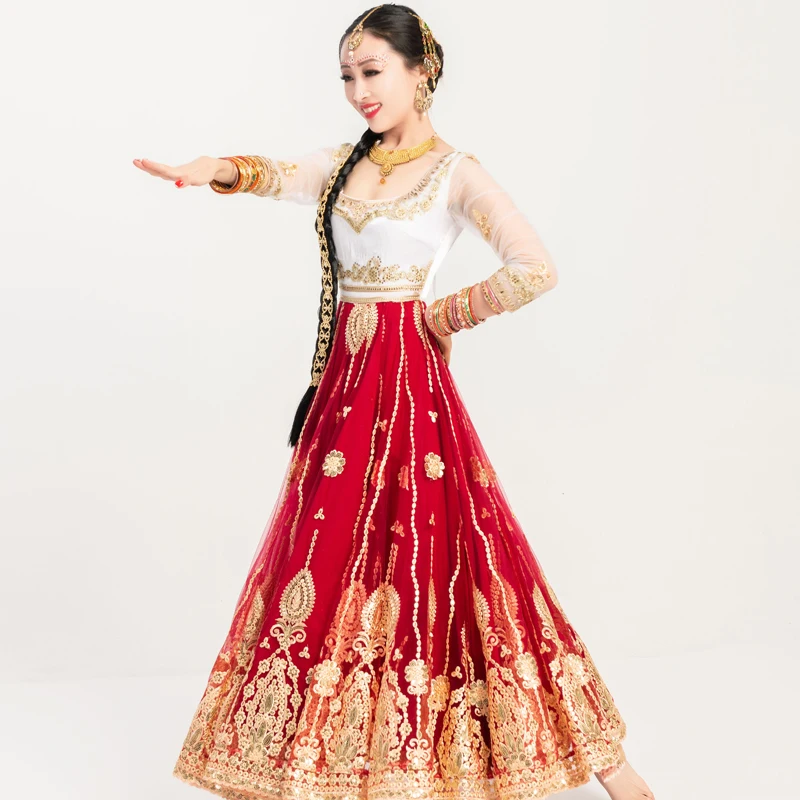 

2022 New Indian Langha Dress Anna'S Embroidery Rhinestone White Red Clothes Bollywood Dance Stage Performance Costumes