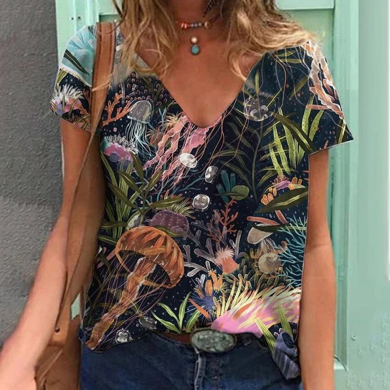 Hawaiian plant beach print short sleeve women's summer casual quick dry trend V-neck short sleeve matching top