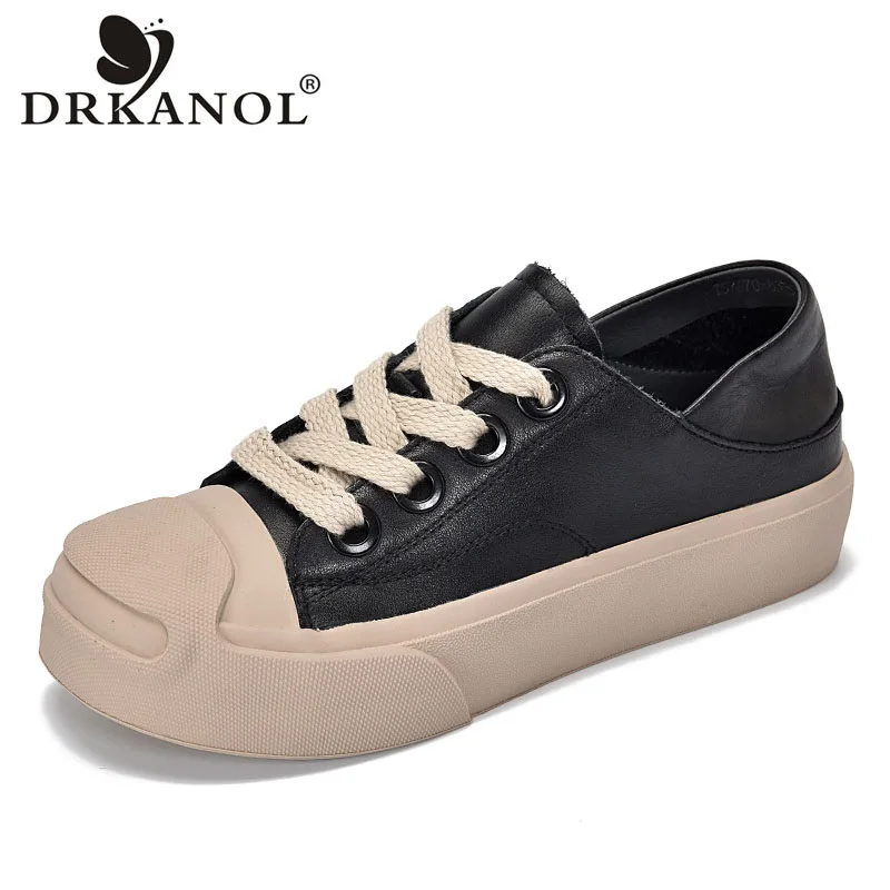 

Модные весенне-летние туфли DRKANOL на низкой плоской подошве для женщин студенческие повседневные кроссовки из натуральной коровьей кожи на шнуровке в студенческом стиле