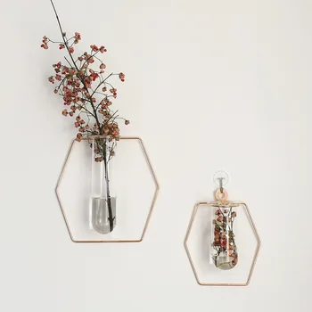 Nordic Wall Hanging Geometric Shape Light Luxury Metal Wrought Iron Test Tube Glass Vase Simple Floral Home Decoration
