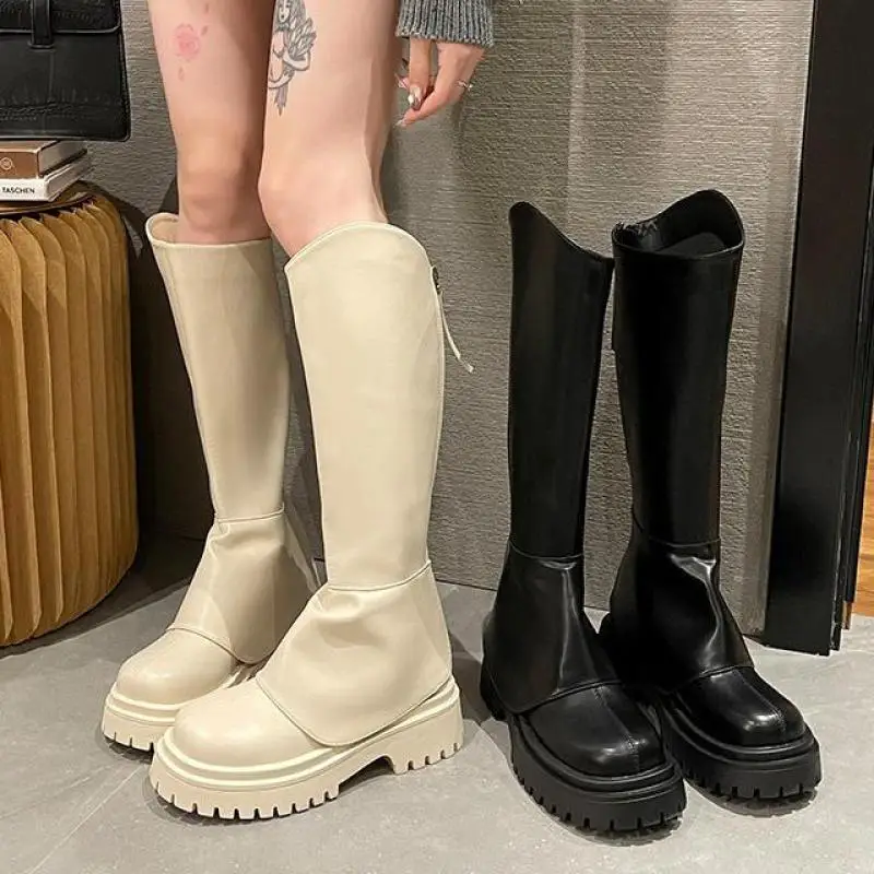 

Женские высокие сапоги на платформе 2023, осенняя готическая обувь с круглым носком, на молнии, длинные женские модные сапоги для верховой езд...