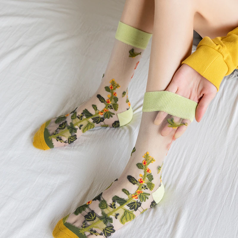 3 Pairs New Women Transparent Cute Cat Socks Set Korean Floral Animal Ladies Summer Thin Kawaii Silk Socks Set For Women