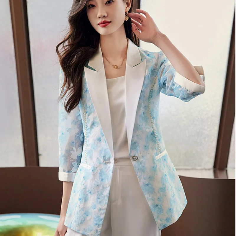 

#5277 Summer Vintage Blazer Women Thin Floral Printed Blazer Jacket Mesh Three Quarter Sleeve Blazer Femme Pearls Single Button