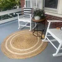 Rug Beige and White Round Stripe Mat 100%Natural Jute Carpet Handloom Braided Double-sided Modern Living Area Rugs Reversible