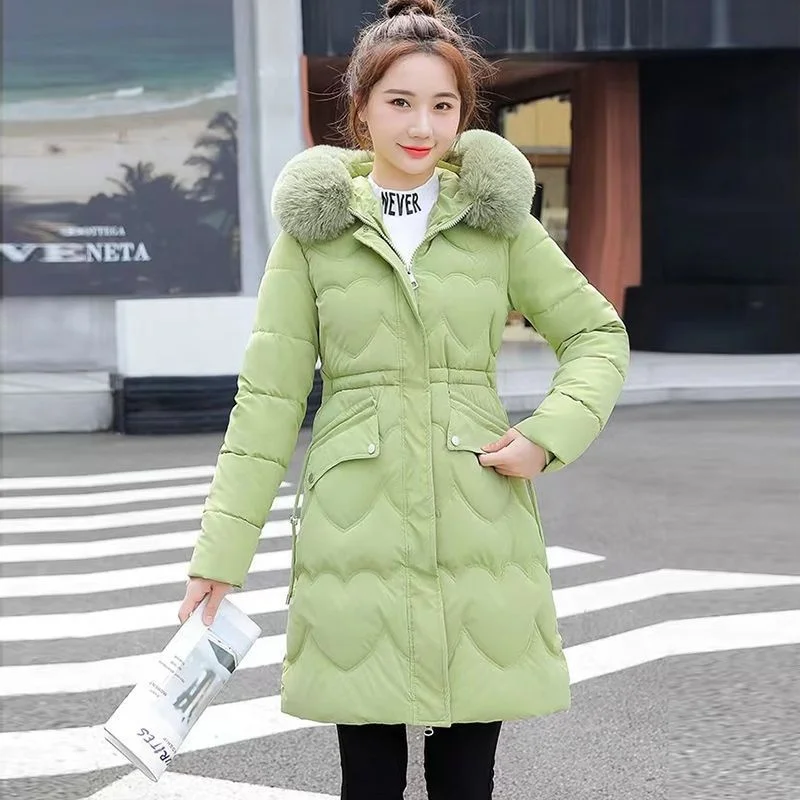 2022 Winter New Mid length Cotton Shirt Women's Korean version Knee length Slim fitting cotton jacket with warm fur collar down
