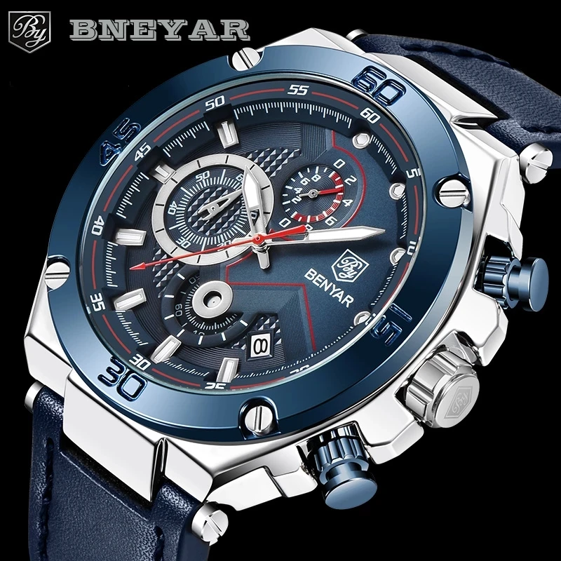 

BENYAR New Sports Watch For Men 45mm Large Dial Waterproof Men Quartz Wristwatches Luxury Leather Military Watch Relojes Hombre