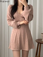 lantern sleeve knitted sweater dress women korean pullover v neck ladies dresses spring autumn solid color mini woman dress 2022