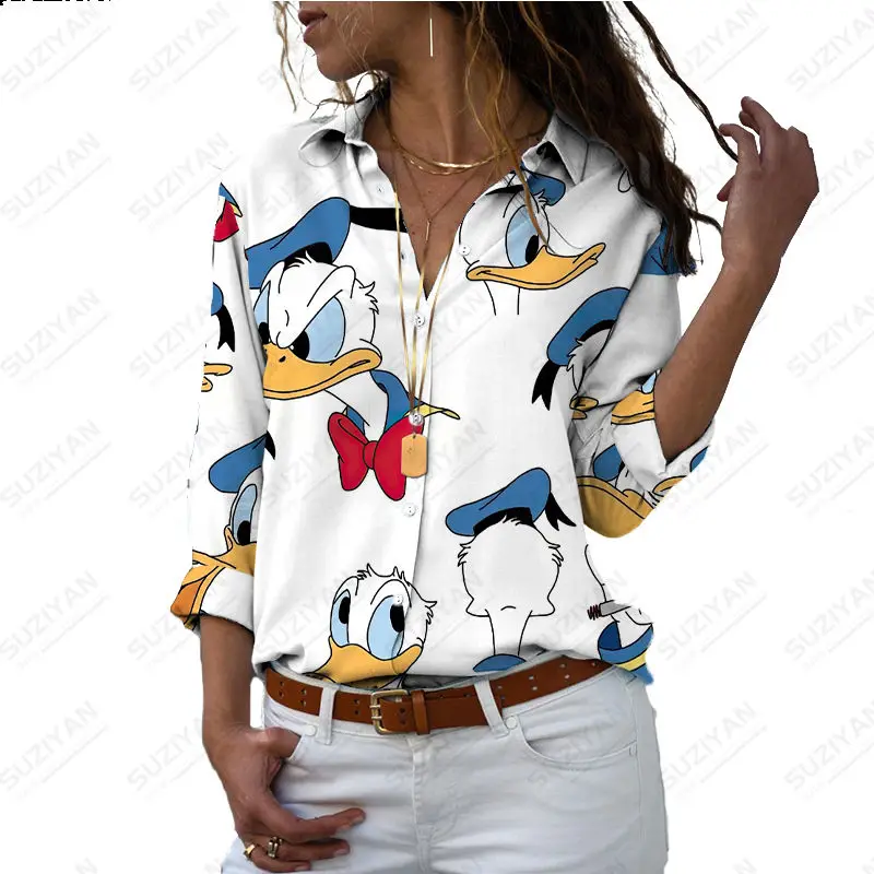 

2023New 3D Printing Spring Loose Harajuku Women's Button Long Sleeve V-Neck Shirt Disney Cartoon Donald Duck Girl Shirt Top Plus