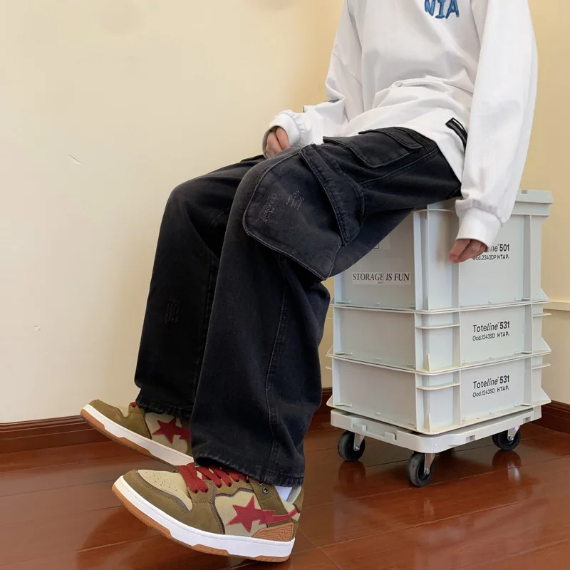 Blue Black Baggy Jeans Men Fashion Retro Pocket Cargo Jeans Men Streetwear Hip Hop Loose Straight Denim Pants Mens Trousers