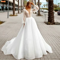 romantic organza lace wedding dress v neck long sleeves vestidos de novia backless a line bride gown court train robe de mariee