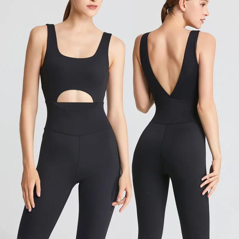 Купи Sexy V-Back Seamless Yoga Sets Women Sleeveless Gym Clothing Sports Suits with Chest Pads Workout Rompers Fitness Jumpsuits за 1,259 рублей в магазине AliExpress