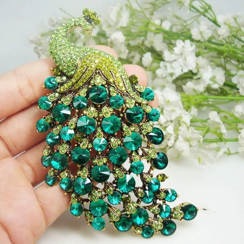 

4.33" Peacock Bird Pendant Woman's Brooch Pin Green Rhinestone Crystal Jewelry