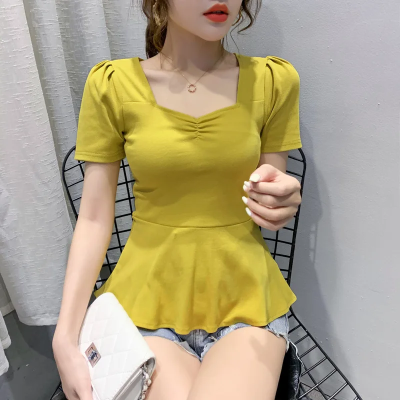 

Puff-sleeved Solid Color Top 2022 Summer New Style Square Collar Waist Short-sleeved T-shirt Female Lotus Leaf Bottoming Shirt