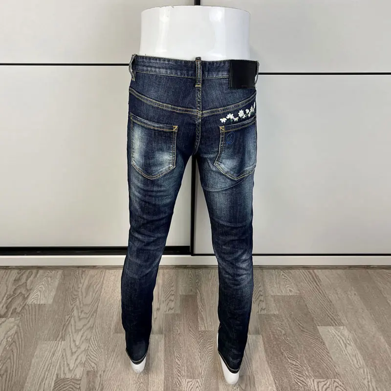 Street Fashion Men Jeans High Quality Retro Blue Elastic Skinny Ripped Jeans Men Embroidery Designer Hip Hop Brand Pants Hombre