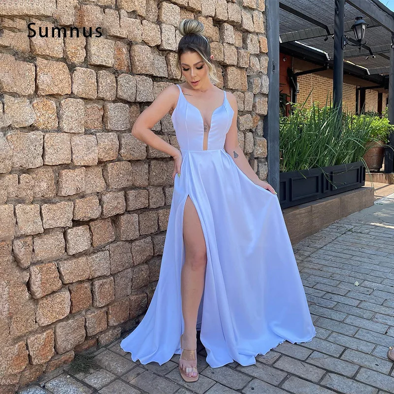 

Solid Satin Wedding Dress High Slit Deep Neck Backless Sleeveless Double Shoulder Straps Bride Gown Elegant Ladies Robe de Novia