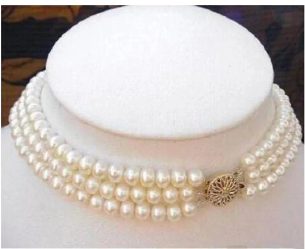 

Women's 3Rows 7-8MM Natural White Akoya Pearl Choker Necklace 16-18" 14k/20clasp