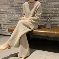 sweater knit two piece set women o neck thread sweater knit tracksuit female casual high waist knit wide leg straight pants suit
