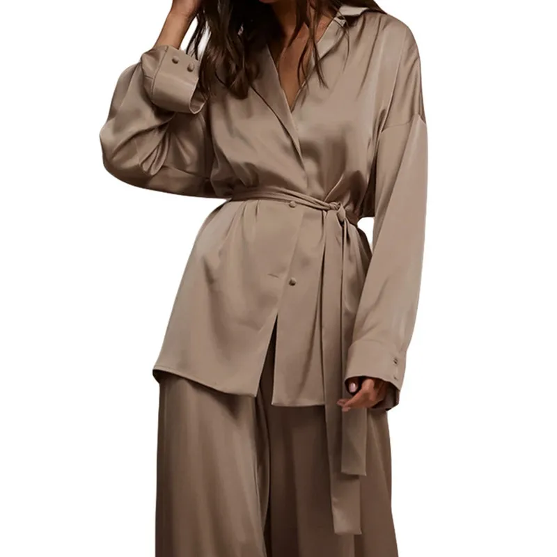 

Women Pajama Set Autumn Long Sleeve Button Closure Tops and Pants with Belt Daily Sleepwear Home Wear Solid Color Women's Suit