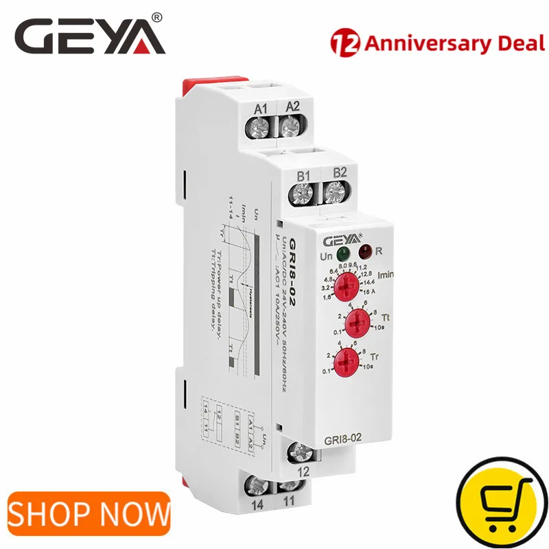 

GEYA GRI8-01/02 Under Current Sensor Relay AC 24V-240V Current Control Relays 0.05A 1A 2A 5A 8A 16A Over Current Relay