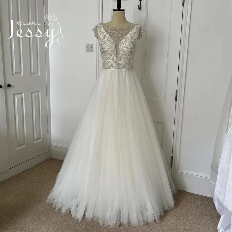 

Luxurious Wedding Dress Organza With Beading A-line Beach Ball Gown O-neck Sleeveless Bride Dress Back Button Vestido De Novia