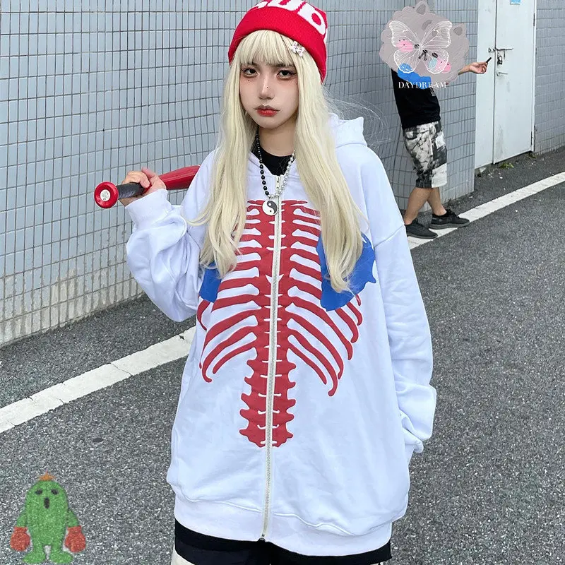 

High Street Retro KAPITAL Hoodies Skeleton Print Hiphop Sweatshirts Men Women Zipper Hooded Jackets