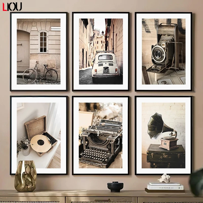 Настенная живопись винтажная камера проигрыватель записей велосипед машинка в