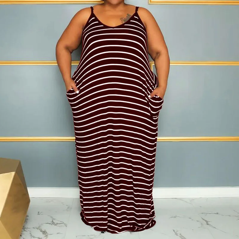 Summer Crew Neck Casual Striped Printed Sleeveless Plus Size Women's Clothing Patchwork Double Pockets A-line Slip Long Dress