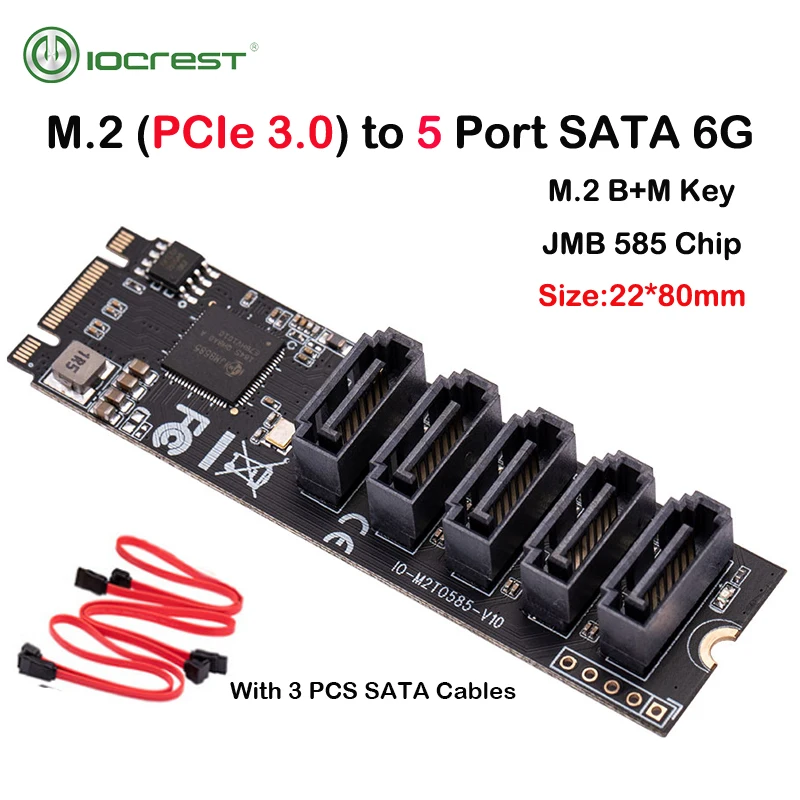 Переходник IOCREST M.2 (PCIe 3,0) на 5 портов SATA III 6G SSD с кабелем SATAIII, поддержка UEFI Переходник IOCREST M.2 (PCIe 3,0) на 5 портов SATA III 6G SSD с кабелем SATAIII, поддержка UEFI