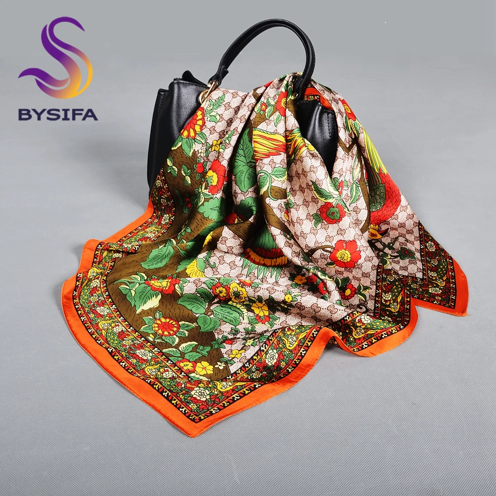 Фото Женский шелковый шарф с буквами BYSIFA, шарфы квадратной формы кофейного или оранжевого цвета, шарфы, аксессуары для весны и осени №1