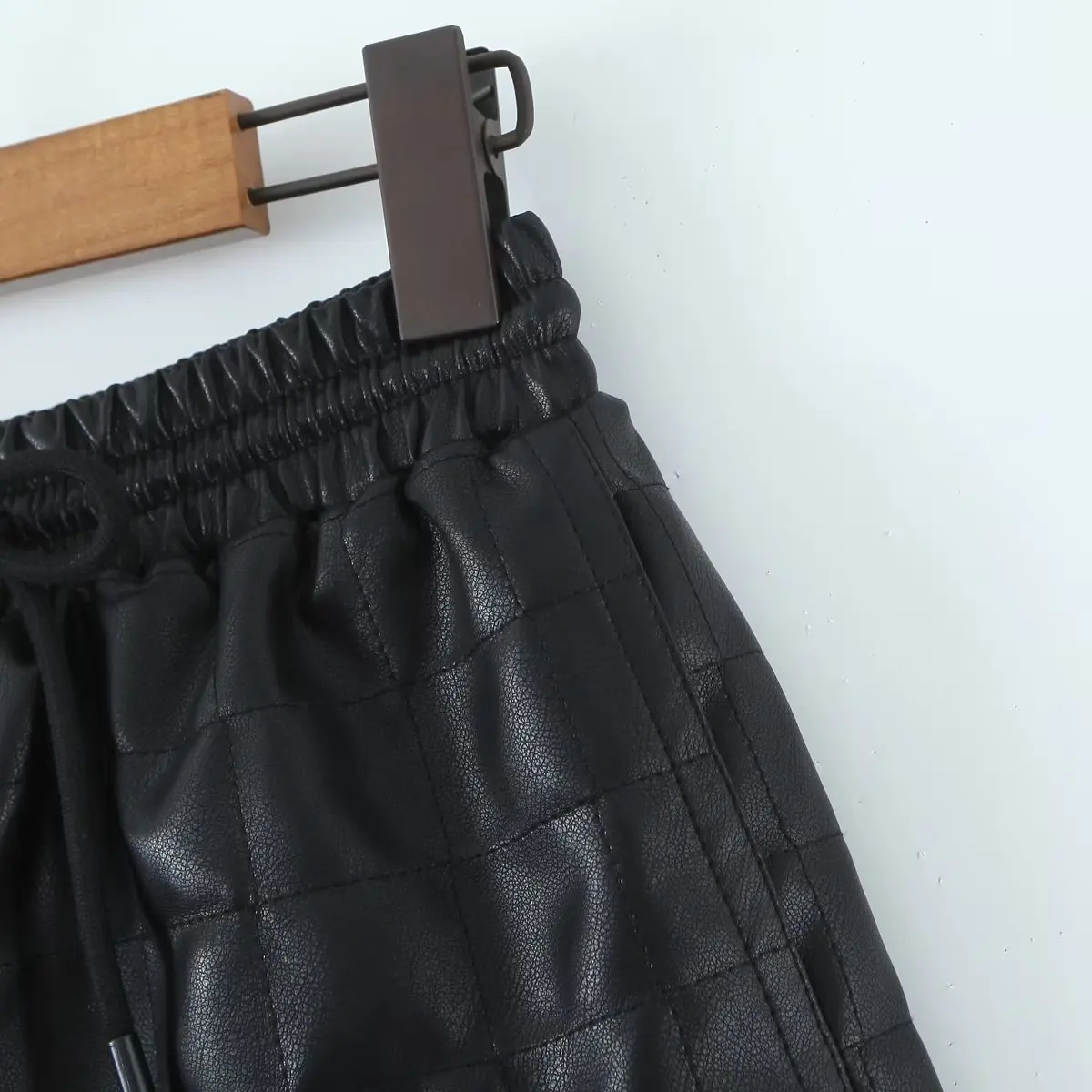 Elmsk Drawstring Bermuda Vintage Plaid Pu Leather Harem Shorts Women