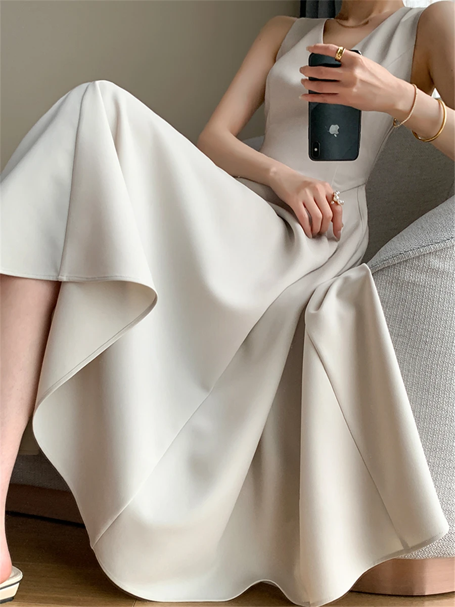 

Elegant Midi Dress Summer 2023 New V-neck Sleeveless A-line Sundress Slim Pockets Female Evening Party Dresses Ladies Vestidos