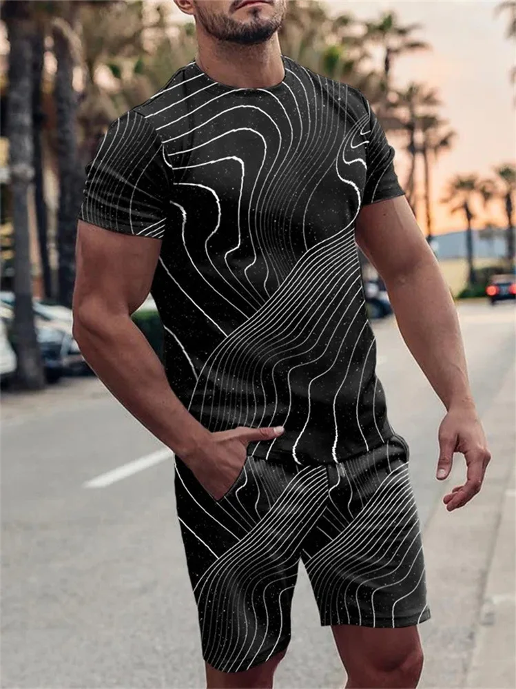 Summer Men Sports Suit Casual Short Sleeve 2-piece Set 3D Printed Fashion O Collar Street T-shirt Oversized Men Clothing Holiday