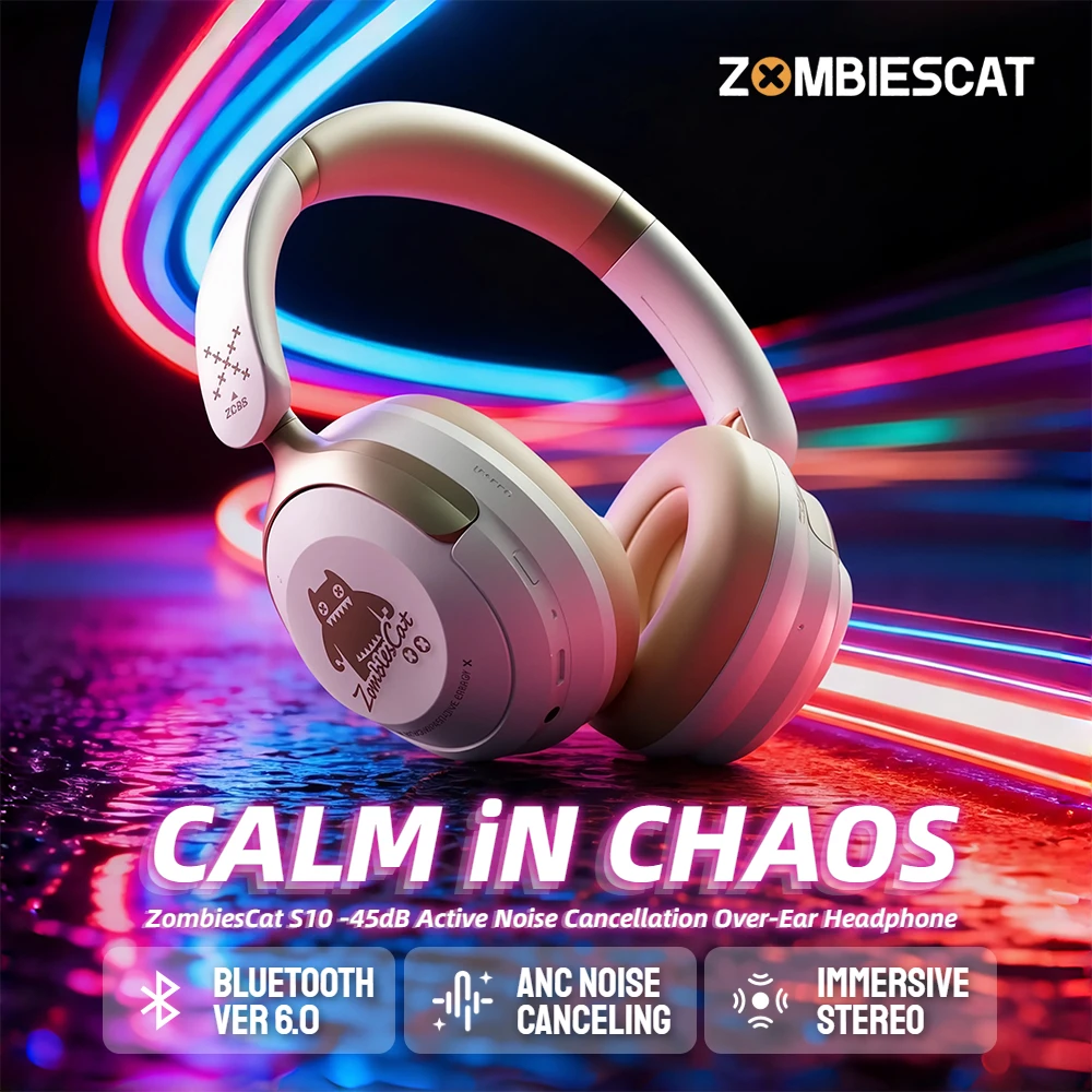 Фото Наушники-вкладыши Zombies Cat S10 ANC Bluetooth 6.0 -45 дБ, гарнитура с активным шумоподавлением, Hi-Fi стерео провод/беспроводные наушники №1