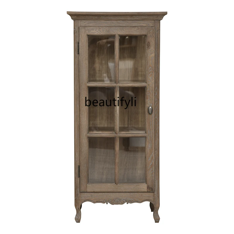 

yj American Style French Style Vintage White Oak Wine Cabinet Solid Wood Vintage Side Cabinet Storage Locker
