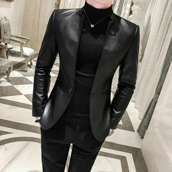 2021 Fashion New Men's Casual Boutique Suit Leather Jacket / Men Solid Color Business Suit Collar PU Blazers Dress Coat 1