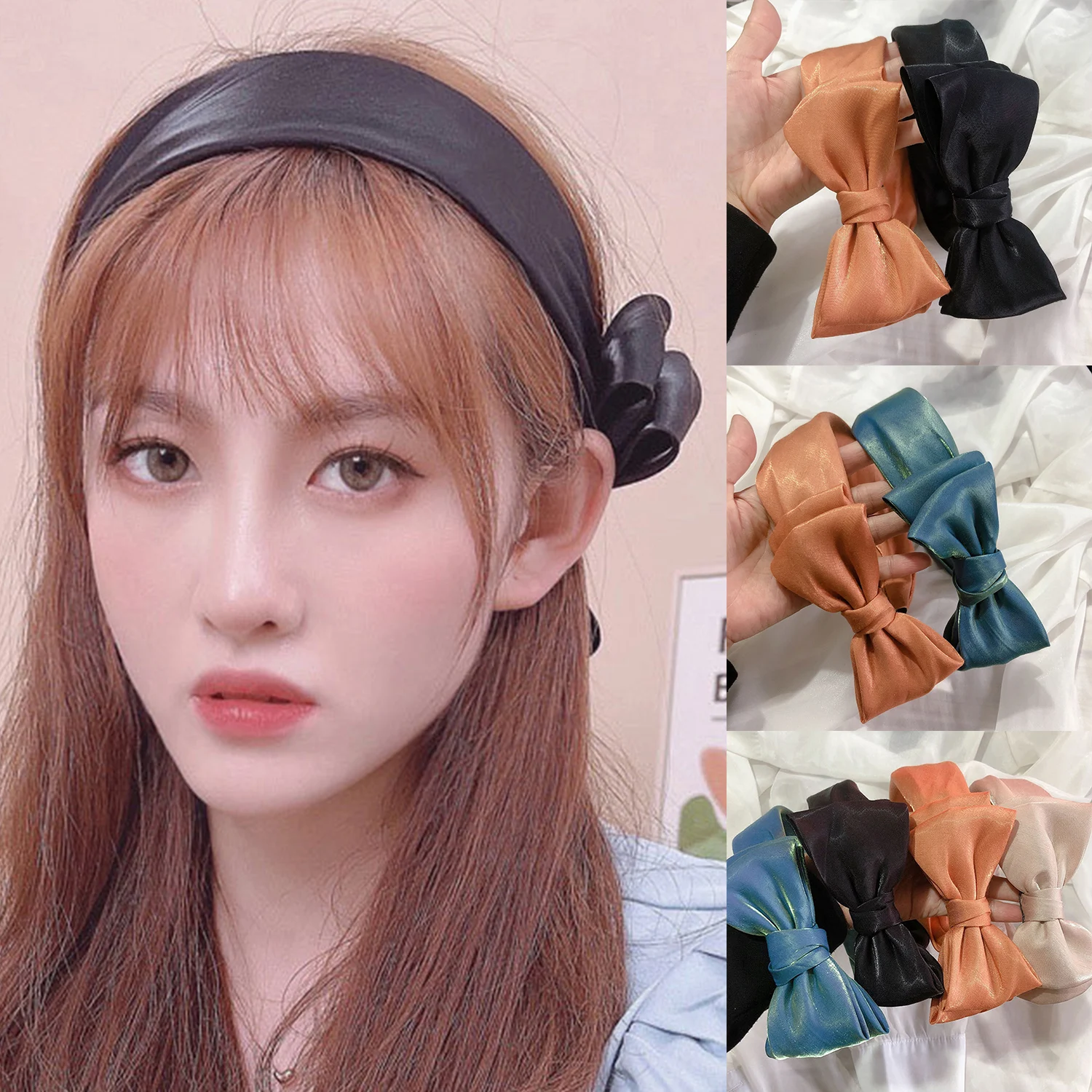 

Женская повязка на голову, обруч для волос с боковым бантом, обруч для волос в Корейском стиле, одноцветная атласная лента, широкие повязки на голову